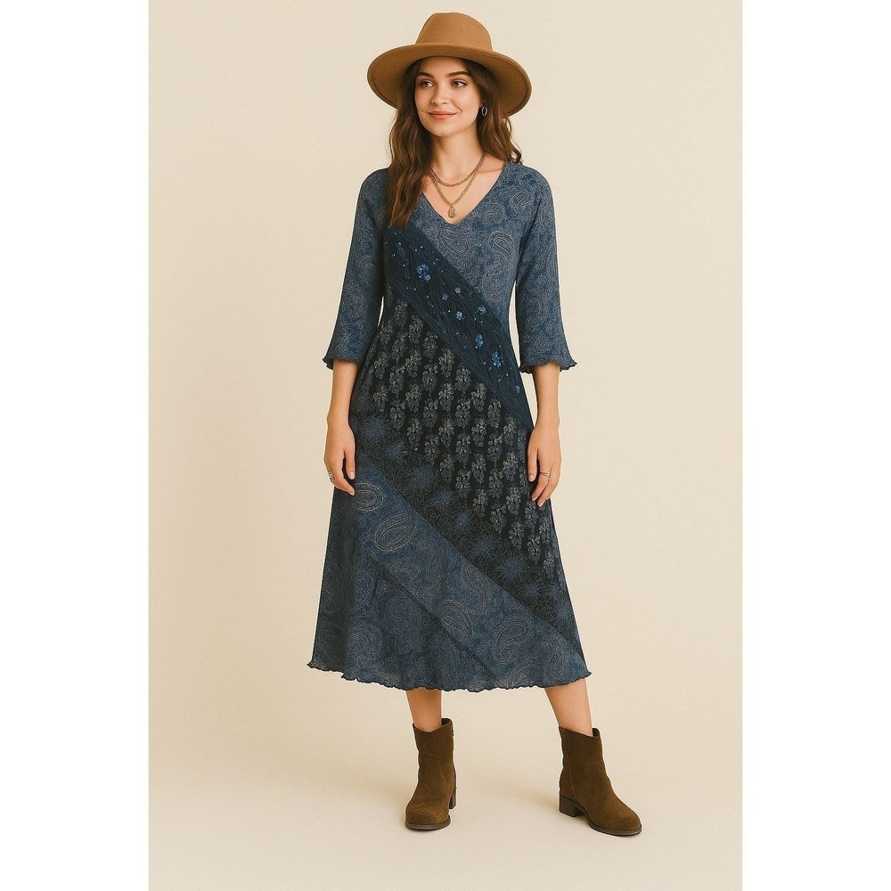 Eva Blue Midi Dress Women 8 Blue Paisley Floral Sequin Mixed Print V-Neck Boho